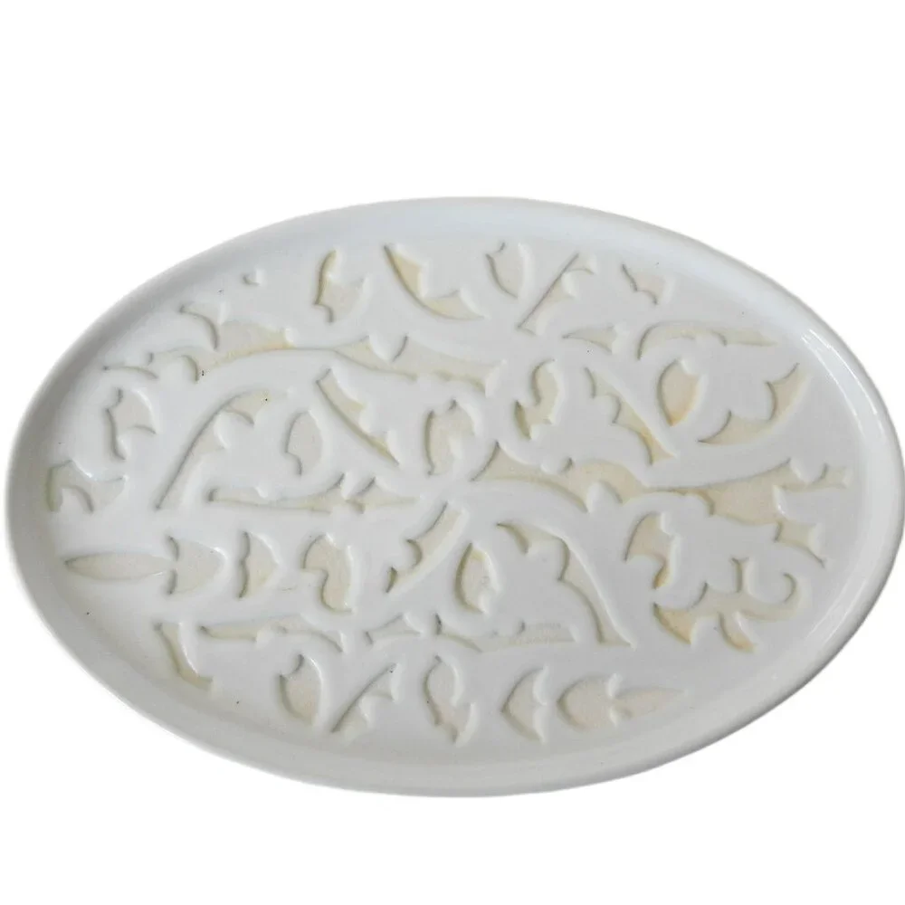 Carved Footed Ceramic Soap Dish White Leaf Design Elegant Bath Decor